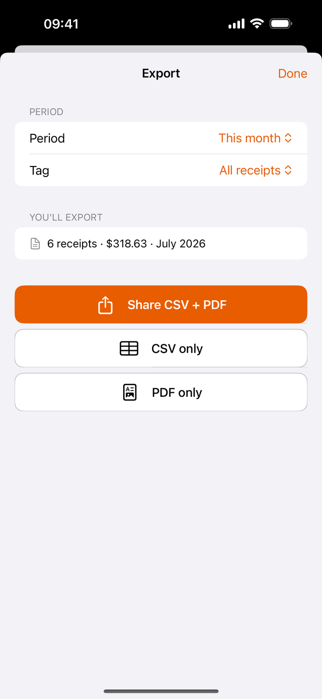 Bagging export screen: period and tag filters with Share CSV + PDF, CSV only, and PDF only buttons, all included free