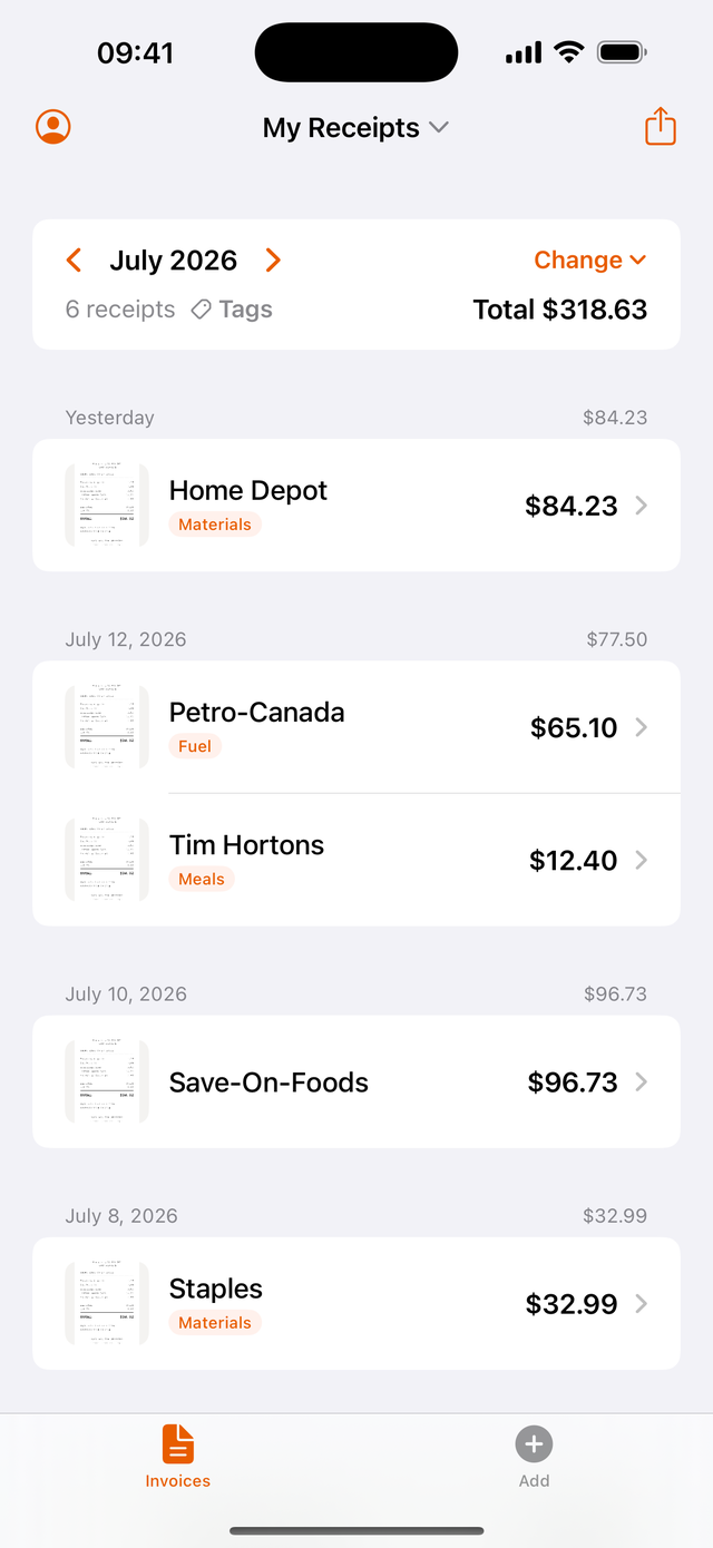 Bagging receipt list with tags: Home Depot tagged Materials, Petro-Canada tagged Fuel, Tim Hortons tagged Meals, with a July 2026 running total