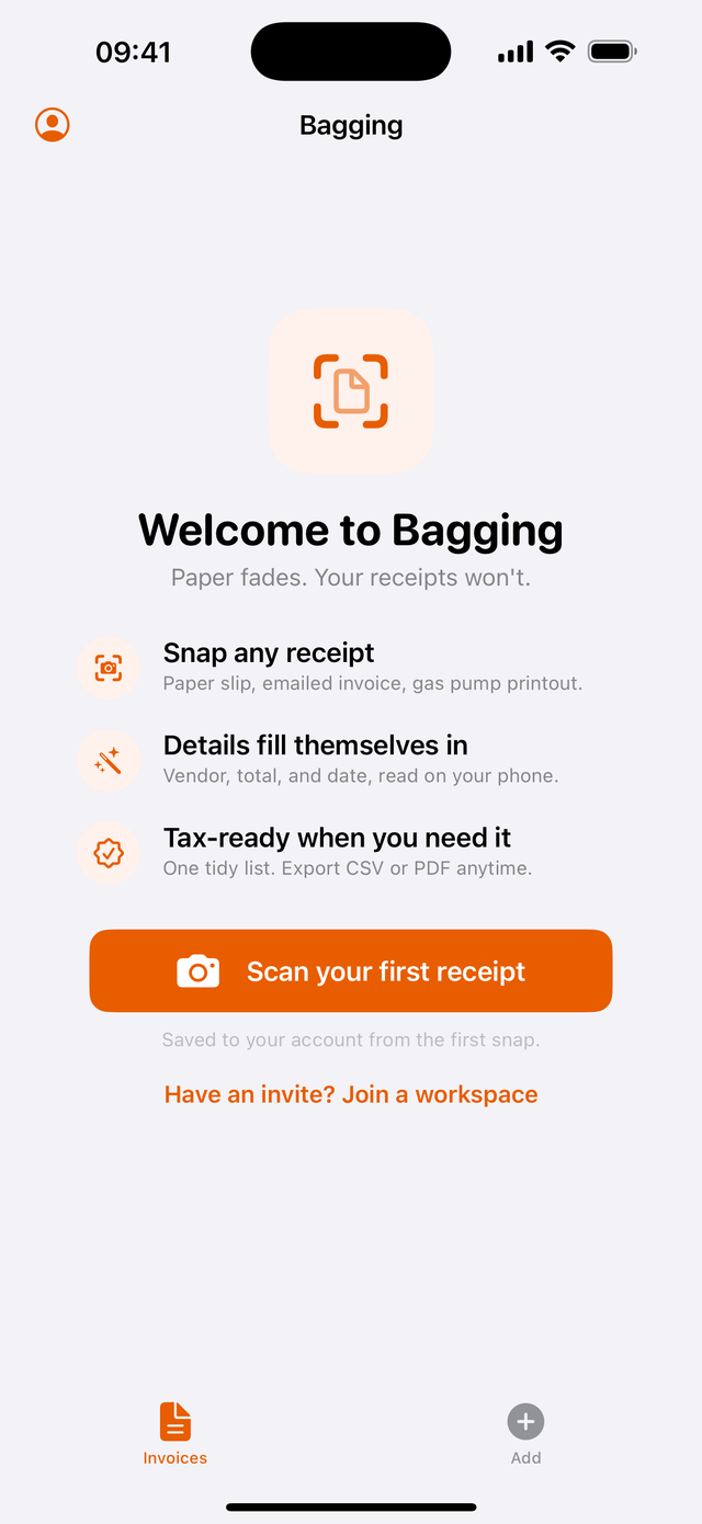 Bagging welcome screen: Paper fades, your receipts will not; snap any receipt, details fill themselves in, tax-ready when you need it