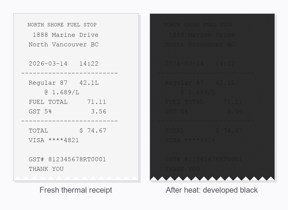 Illustration of the same simulated thermal receipt twice: fresh with dark readable text, and after heat exposure with the whole strip developed nearly black and only ghost text visible